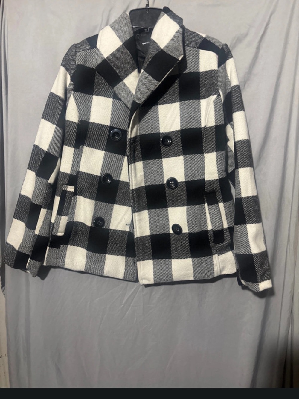 Rampage Double-Breasted Black & White Plaid Peacoat -